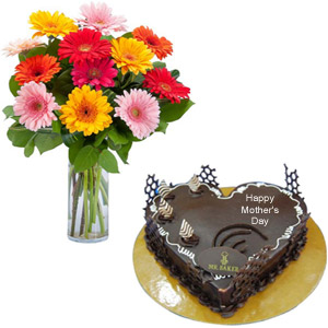 Mix gerberas in vase and heart shape cake
