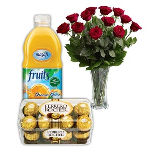 Chocolate W/ Juice & Roses in a vase