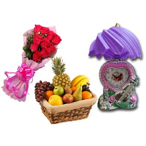 Fresh Fruit Basket W/ Lamp Clock & Red Rose