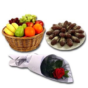 Fruit Basket W/ Kalojam & Red Rose