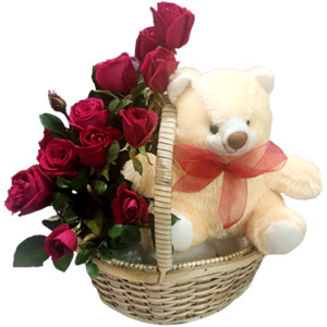 12pcs red roses W/ 6 inch teddy bear 