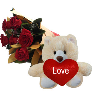 6 Pcs Red Roses w/ Bear