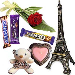 Bear W/ Eiffel Tower,Candle, Rose & Chocolate