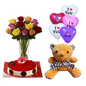 Cake W/ balloons, teddy and roses