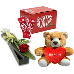 Red rose W/ Teddy bear & Chocolates