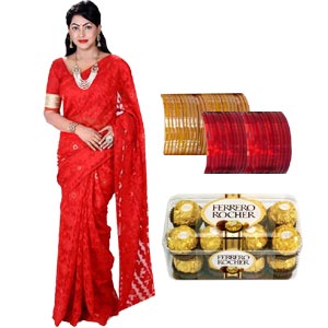Red sharee W/ Chocolates & Churi