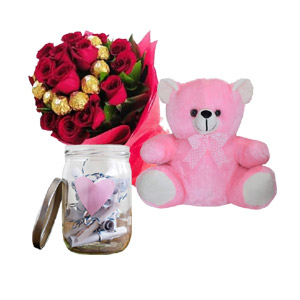 Bouquet W/ Teddy Bear & message jar