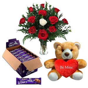 Roses W/ Teddy bear & Chocolates