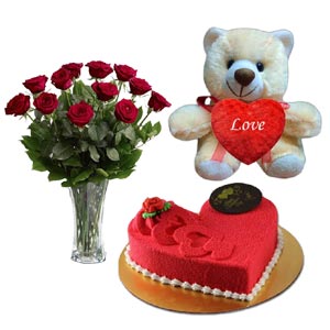 Red roses W/ Cake & Teddy bear
