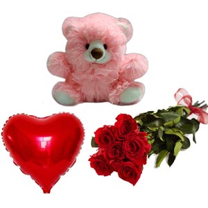Teddy bear w/ balloon & red roses