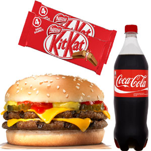 Double cheeseburger W/ chocolates and coca-cola