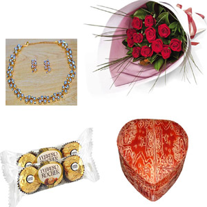 Necklace W/ jewelry box, red roses & chocolates