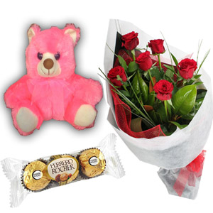 Red roses w/ teddy bear & chocolates  