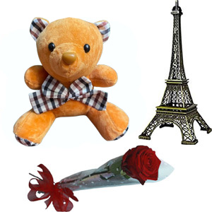 (45)Teddy bear W/ red rose & eiffel tower