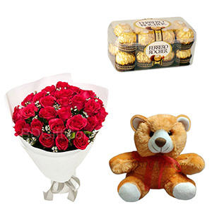 Roses, Teddy Treat & Chocolate